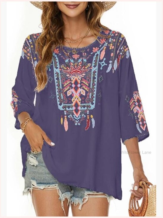 Tops - Mexican Embroidered Bohemian Tunic Top 3/4 Sleeve Rayon Plus Size